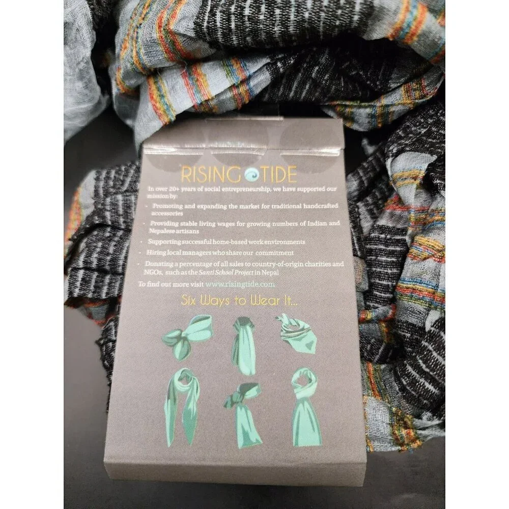 Rising Tide Silk Rayon Scarf Gray Multicolor Open Knit Fringed Hem Made in India